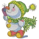 Embroidery design of a snowman walking while using a phone, showcasing a whimsical winter motif.