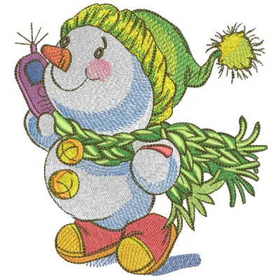 Embroidery design of a snowman walking while using a phone, showcasing a whimsical winter motif.
