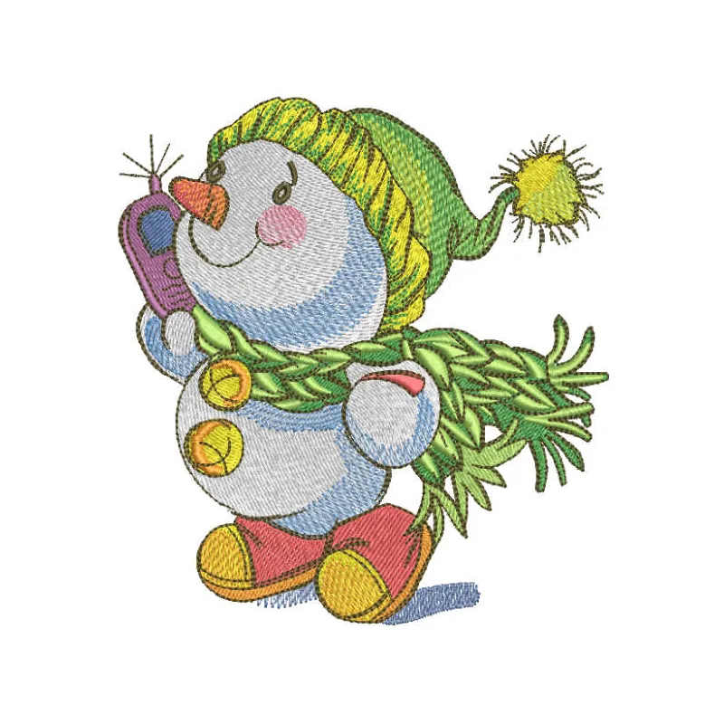 Embroidery design of a snowman walking while using a phone, showcasing a whimsical winter motif.