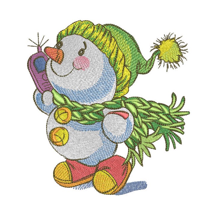 Snowman on walk with phone embroidery design - Embroidery Design