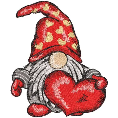 Valentine's dwarf holding a heart embroidery design, perfect for festive stitching projects.
