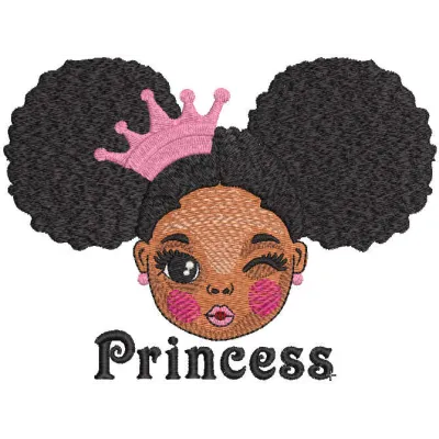 Winking princess embroidery design showcasing a playful princess motif ideal for t-shirts and baby onesies.