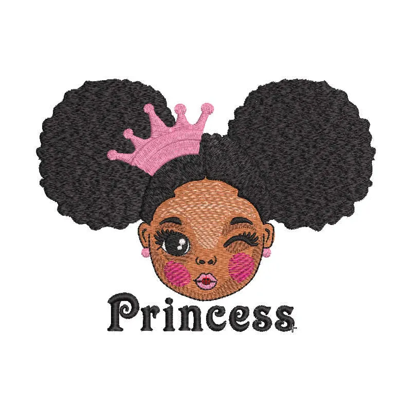 Winking princess embroidery design showcasing a playful princess motif ideal for t-shirts and baby onesies.