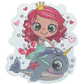 Queen mermaid riding a whale unicorn embroidery design - Embroidery Design