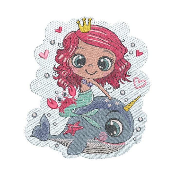 Queen mermaid riding a whale unicorn embroidery design - Embroidery Design