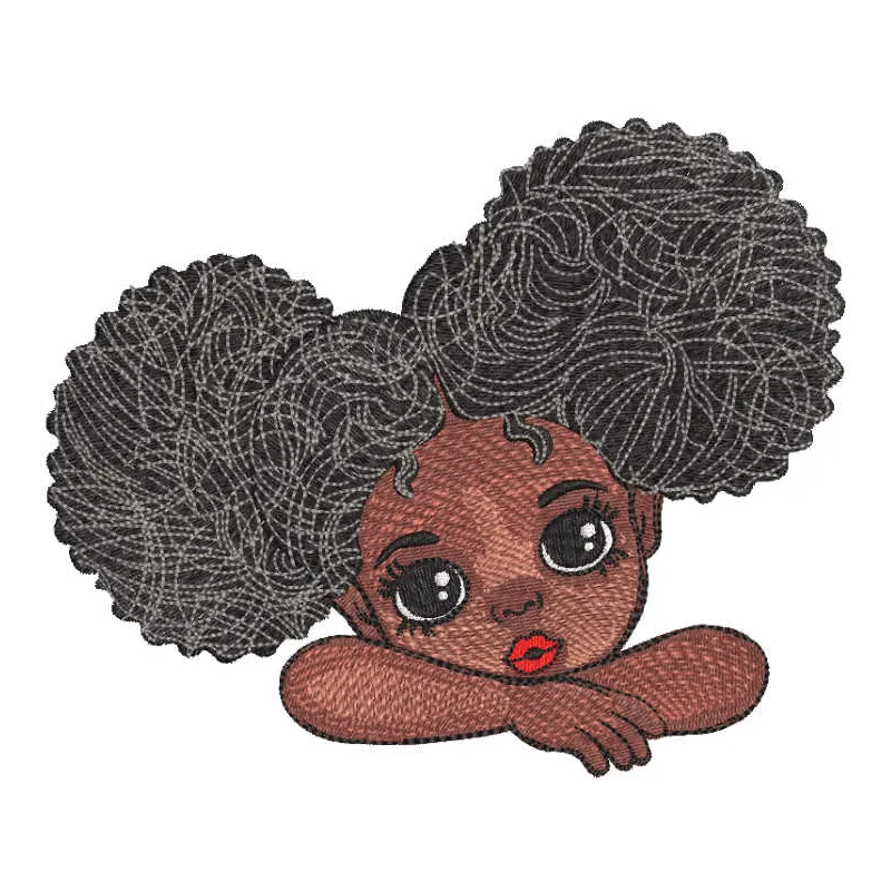 Curly dreamy girl embroidery design featuring whimsical motifs, ideal for embellishing clothing and accessories.