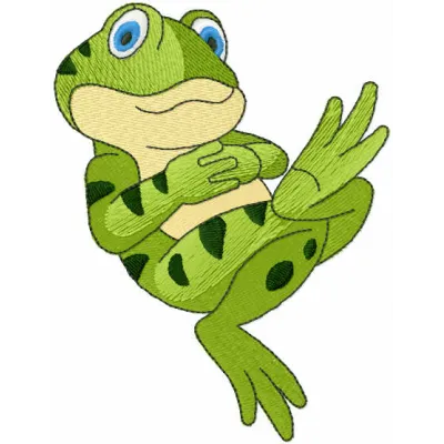Resting green frog embroidery design showcasing a whimsical frog motif perfect for various fabric projects.
