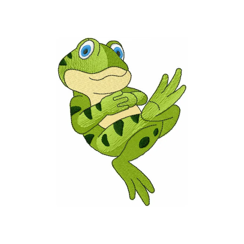 Resting green frog embroidery design showcasing a whimsical frog motif perfect for various fabric projects.