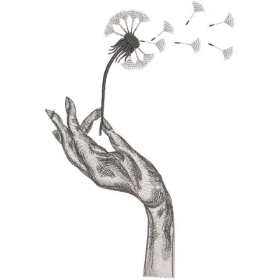 Embroidery design featuring a woman's hand holding a dandelion, ideal for Valentine's Day projects.