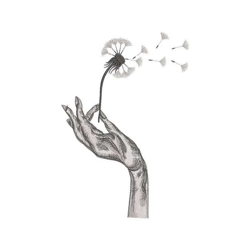 Embroidery design featuring a woman's hand holding a dandelion, ideal for Valentine's Day projects.