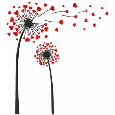 Dandelions with red hearts embroidery design preview for Valentine's Day, showcasing a romantic stitched motif.