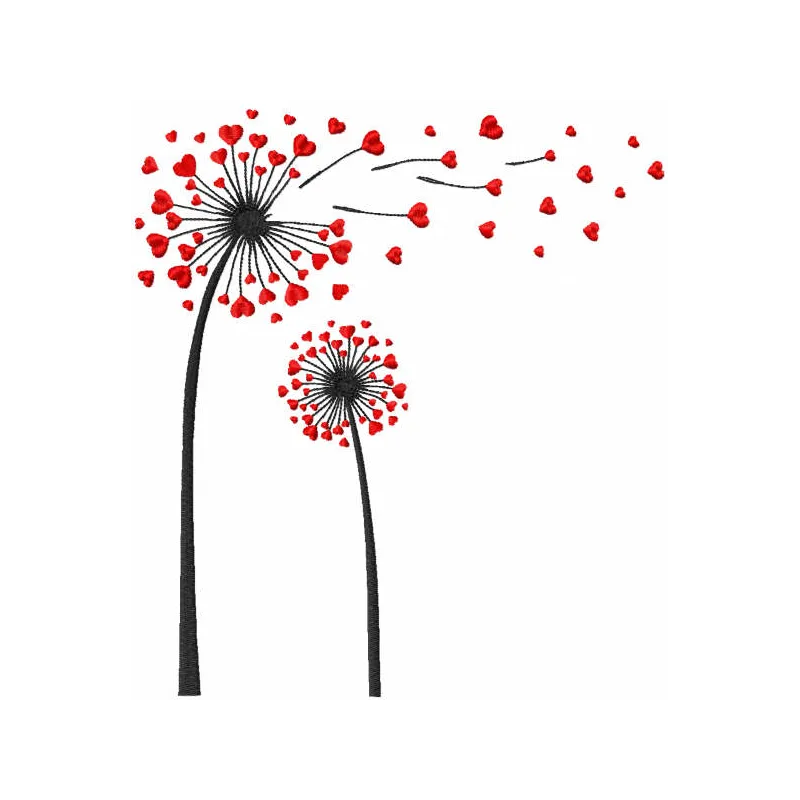 Dandelions with red hearts embroidery design preview for Valentine's Day, showcasing a romantic stitched motif.