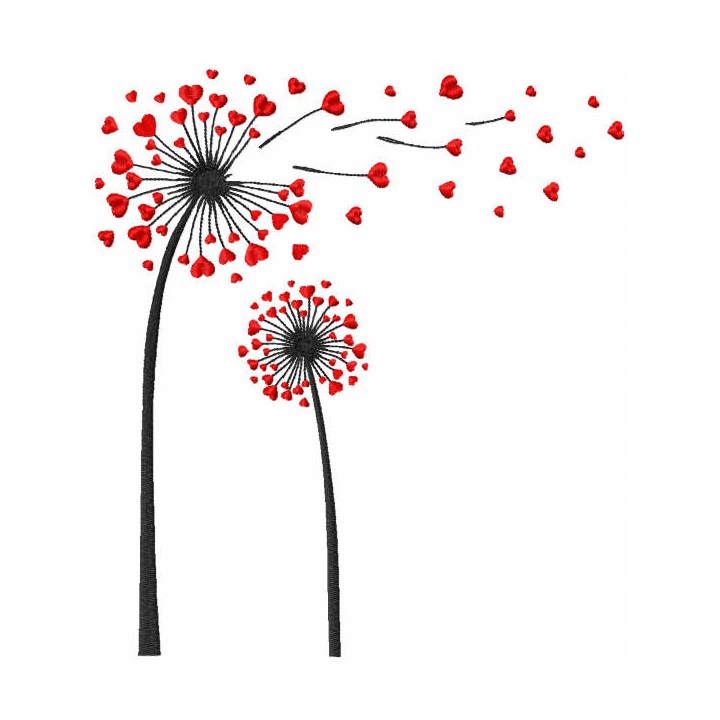 Dandelions with Red Hearts embroidery design - Embroidery Design
