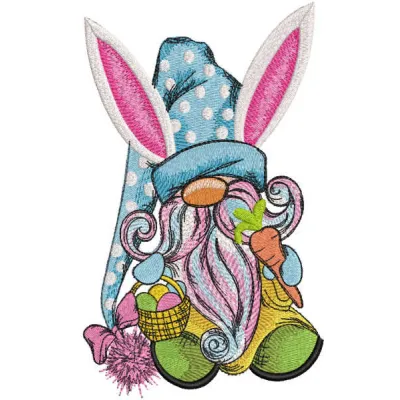 Easter dwarf embroidery design featuring a basket and carrot, perfect for seasonal stitching projects.