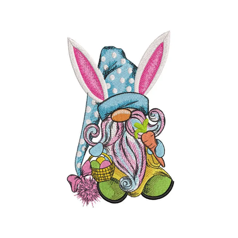 Easter dwarf embroidery design featuring a basket and carrot, perfect for seasonal stitching projects.