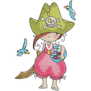 Pirate girl with aquarium embroidery design - Embroidery Design
