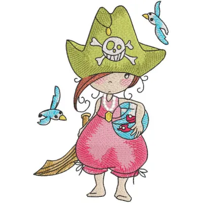 Embroidery design featuring a pirate girl with an aquarium, ideal for nautical-themed projects.