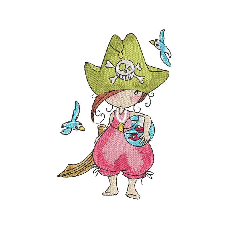 Embroidery design featuring a pirate girl with an aquarium, ideal for nautical-themed projects.