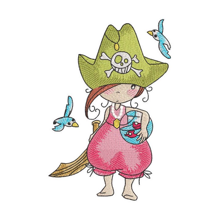 Pirate girl with aquarium embroidery design - Embroidery Design