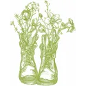 Embroidery design featuring two old boots surrounded by vibrant flowers in a garden setting.