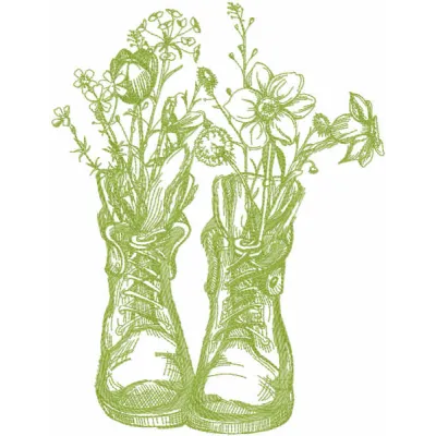 Embroidery design featuring two old boots surrounded by vibrant flowers in a garden setting.