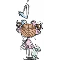 Embroidery design of a little girl holding a bear toy, ideal for baby apparel and nursery decor.