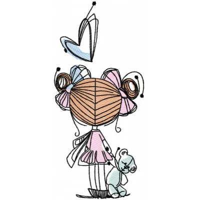 Embroidery design of a little girl holding a bear toy, ideal for baby apparel and nursery decor.