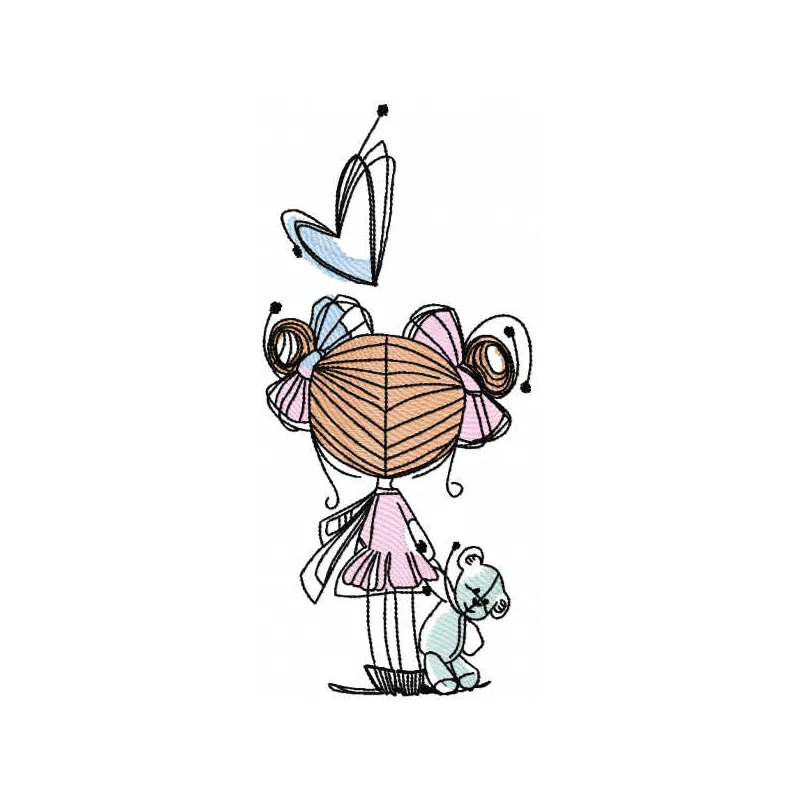 Embroidery design of a little girl holding a bear toy, ideal for baby apparel and nursery decor.