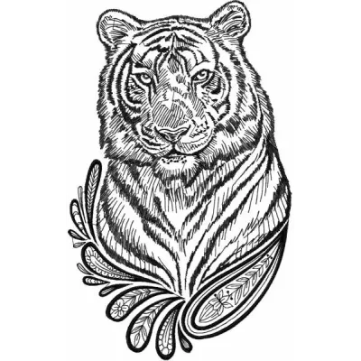 Black and white sketch of a tiger embroidery design, showcasing intricate details for stitching on various fabrics.