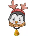 Embroidery design featuring a whimsical penguin with horns and a bell, ideal for stitching on various fabrics.