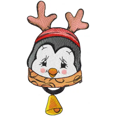 Embroidery design featuring a whimsical penguin with horns and a bell, ideal for stitching on various fabrics.