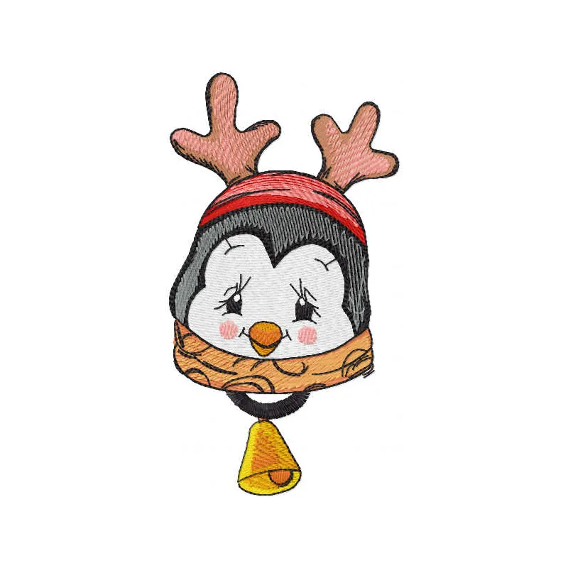 Embroidery design featuring a whimsical penguin with horns and a bell, ideal for stitching on various fabrics.