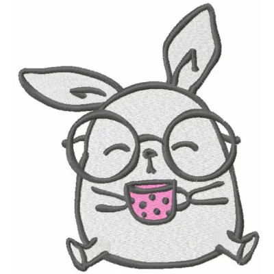 Embroidery design featuring a whimsical cat with a teacup, perfect for stitching on home decor or apparel.