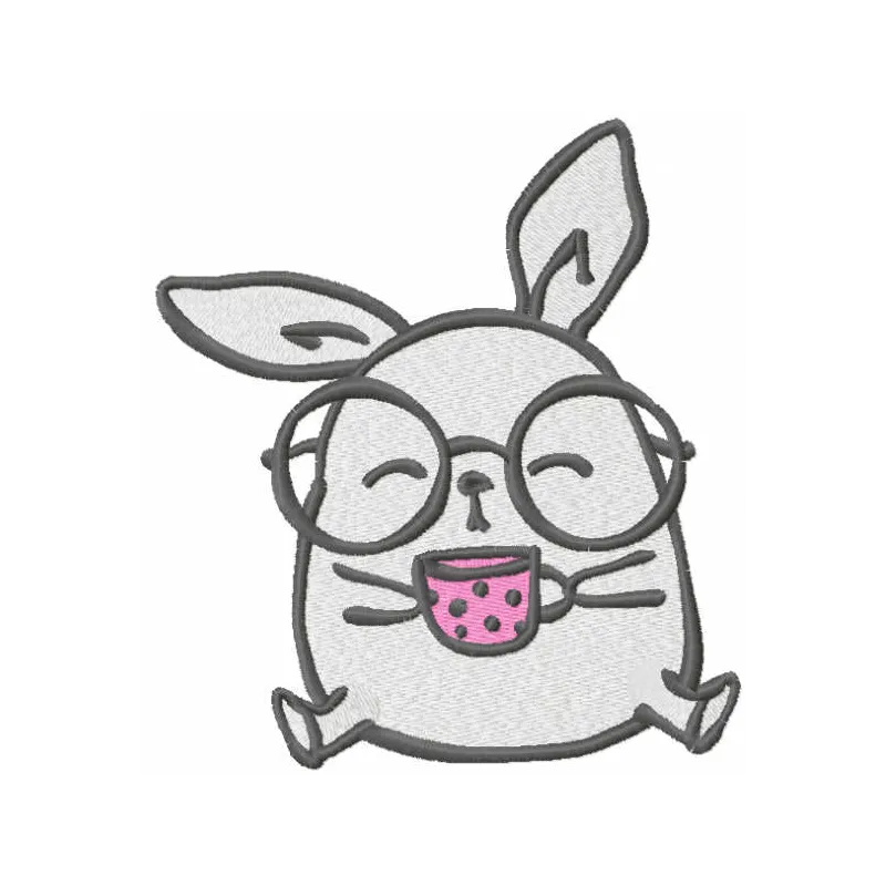 Embroidery design featuring a whimsical cat with a teacup, perfect for stitching on home decor or apparel.