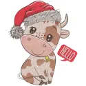 Preview of a Christmas cow embroidery design featuring a festive Santa hat, ideal for holiday projects.