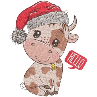 Christmas cow with santa hat embroidery design - Embroidery Design
