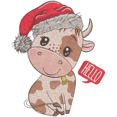 Preview of a Christmas cow embroidery design featuring a festive Santa hat, ideal for holiday projects.
