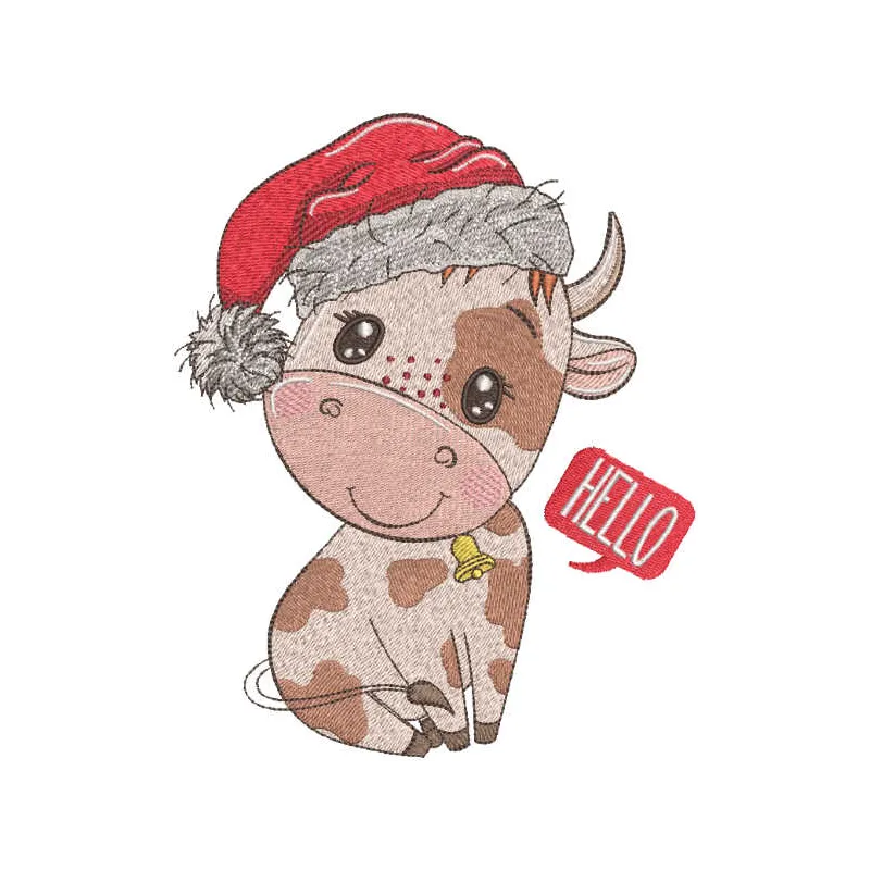 Preview of a Christmas cow embroidery design featuring a festive Santa hat, ideal for holiday projects.