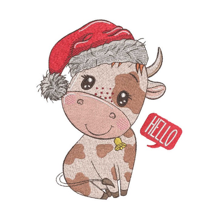 Christmas cow with santa hat embroidery design - Embroidery Design