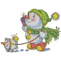Embroidery design of a snowman taking a walk with a friend, perfect for winter-themed projects.