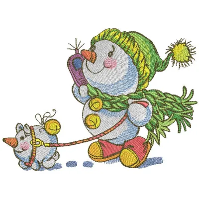Embroidery design of a snowman taking a walk with a friend, perfect for winter-themed projects.