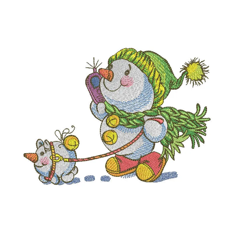 Embroidery design of a snowman taking a walk with a friend, perfect for winter-themed projects.