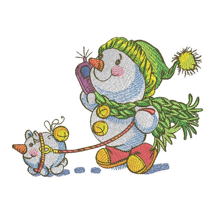 Snowman on walk with friend embroidery design - Embroidery Design