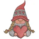 Romantic gnome with heart embroidery design, featuring a whimsical gnome holding a heart, perfect for various projects.