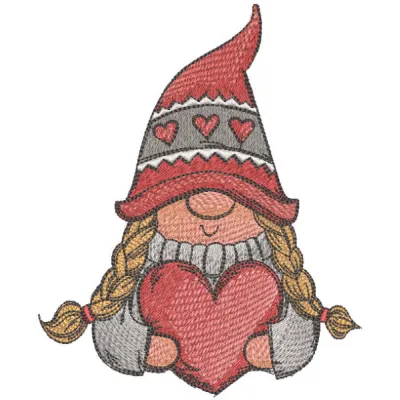 Romantic gnome with heart embroidery design, featuring a whimsical gnome holding a heart, perfect for various projects.