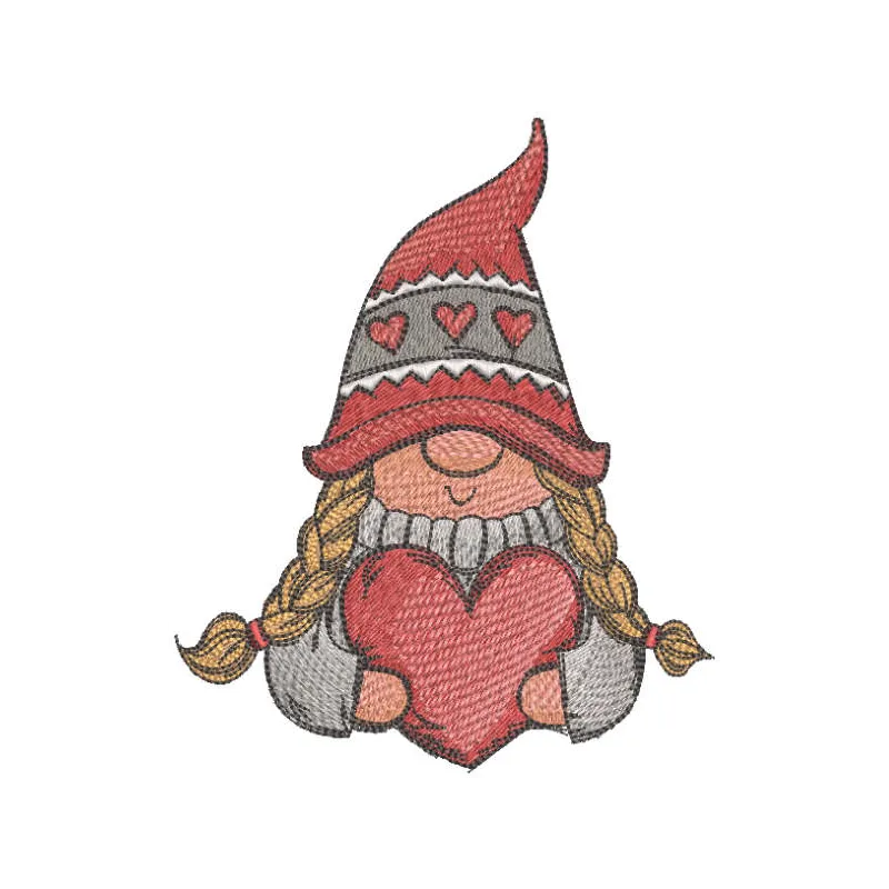 Romantic gnome with heart embroidery design, featuring a whimsical gnome holding a heart, perfect for various projects.