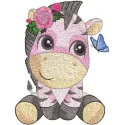 Zebra playing with butterfly embroidery design preview, showcasing a whimsical stitched motif for creative projects.