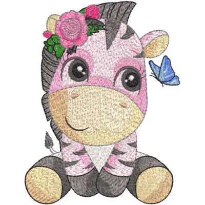 Zebra playing with butterfly embroidery design preview, showcasing a whimsical stitched motif for creative projects.