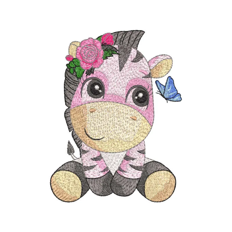 Zebra playing with butterfly embroidery design preview, showcasing a whimsical stitched motif for creative projects.