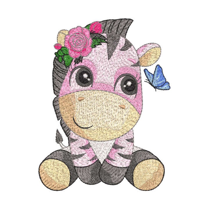 Zebra playing with butterfly embroidery design - Embroidery Design